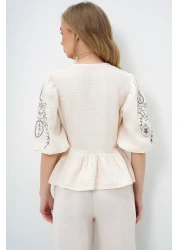 Trend Alaçatı Stili Women's Ecru V-Neck Skirt with Lacing and Embroidery Detail Flounced Muslin Linen Blouse Alc-X13993