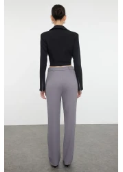  Collection Gray Straight Cut High Waist Ribbed Stitched Woven Trousers TWOSS21PL0093
