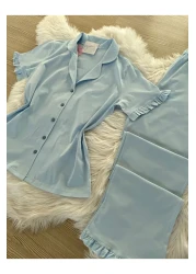 Pijamacs Baby Blue Cotton Sleeve and Leg Ruffle Detailed Short Sleeve Front Buttoned Pajama Set