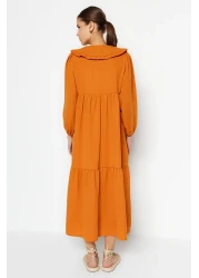  Modest Cinnamon Embroidery Detailed Linen Look Woven Dress Tctss23Eb00257