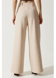 Happiness İstanbul Women's Cream Wide Leg Masculine Woven Trousers HG00001