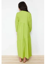  Modest فستان منسوج من القطن ذو قصة واسعة باللون الأخضر الزيتي TCTSS21EL3470