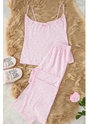  Collection طقم بيجامة محبوكة بطبعة زهور وردية - ربطة عنق وأشرطة THMSS24PT00233