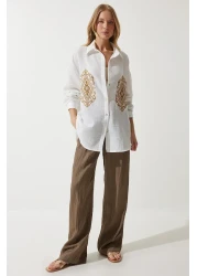 Happiness İstanbul قميص نسائي من القطن الكتاني المطرز باللون الأبيض DM00134