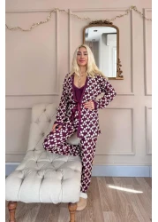 Pijamaevi Purple Daisy Exclusive Women's Pajama Set with Knitted Dressing Gown