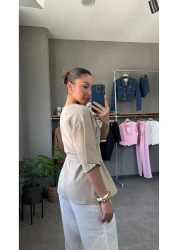 YOUR NAME Oversize Belted Ecru Linen Blouse