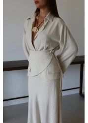 Laluvia طقم قميص تنورة بحزام من Natural - 8763