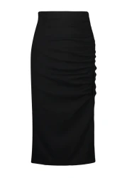  Collection Black High Waist Drape and Slit Detail Crepe Fabric Midi Knitted Skirt Twoss23Et00316