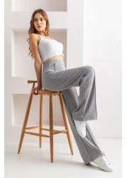 CNRCollection بنطال ضيق مضلع عالي الخصر باللون الرمادي - قماش مودال، بنطال واسع الساق