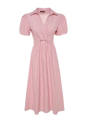  Collection Pink Striped Double Breasted Collar Midi Woven Dress TWOSS23EL02233