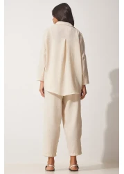 Happiness İstanbul Women's Cream Linen Shirt Shalwar Trousers Set DZ00080