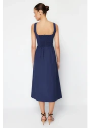  Collection Indigo Waist Midi Corset Woven Dress with Sewing Detail TWOSS24EL00038