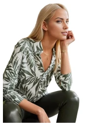 Cassime Women's Green Leaf Patterned Long Sleeve Viscose Shirt S-M-L-Xl-2Xl-3Xl