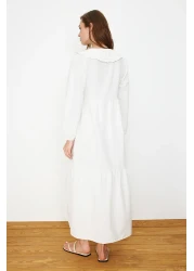  Modest Ecru Embroidery Detail Linen Look Woven Dress Tctss23Eb00257