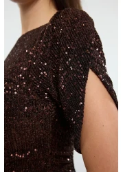  Collection Brown Glitter Knitted Sequin Stylish Evening Dress Night Graduation Dress
