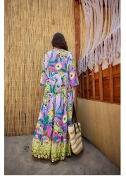 LOCCO Women's Abstract Botanical Pattern Dress Pink-Purple