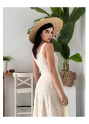 Afiş Butik Beige Thick Strap Embroidered Linen Pleated Dress