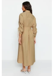  Modest Beige Cotton Shirt Dress with Adjustable Sleeves and Buttons - Tctss23Eb00365