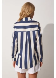 Happiness İstanbul Women's Navy Blue Cream Striped Satin Shirt DD01206