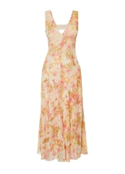  Collection V-Neck Tulle Flexible Knitted Dress - Multicolored Floral Printed TWOSS24EL00384