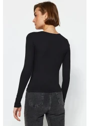  Collection Black Cotton Stretchy Square Neck Fitted Blouse TWOAW24BZ00165