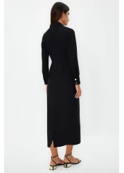  Modest Black Double Breasted Collar Button Detailed Woven Dress TCTSS24EB00020