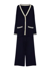  Modest Navy Blue Knitwear Cardigan and Trousers Set with Gold Buttons and Pockets - TCTAW24US00107