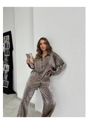 Ekim Store New Season Satin Leopard Shirt Trousers Double Set