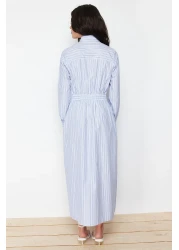  Modest Blue Buttoned Striped Woven Shirt Dress Tctss24Eb00078
