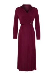  Modest Burgundy Wrap Neck Pleated Knit Dress with Accessory Detail TCTAW25EB00138