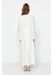  Modest Linen Texture - Zip and Belted White Dress Tctss23Eb00219