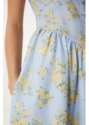 Happiness İstanbul Women Blue Yellow Floral Pattern Summer Midi Poplin Dress Ub00353