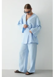 Laluvia Blue Cotton Kimono Wide Leg Pants Set