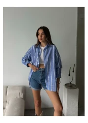 Lusin قميص نسائي كبير الحجم مخطط بأكمام طويلة - أزرق