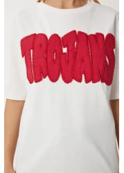 Happiness İstanbul تي شيرت نسائي من القطن مطرز بشعار إكرو CR00463