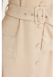  Modest فستان قميص منسوج بأزرار من الكتان مع حزام حجري TCTSS24EB00017