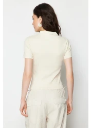  Collection Beige Polo Neck Buttoned Short Sleeve Stretchy Ribbed Knitted Blouse TWOSS24BZ00111
