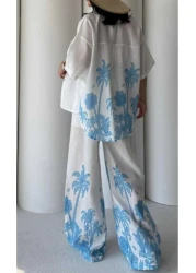 Butik Şenel طقم بنطلون قميص كتان بطبعة نخلة