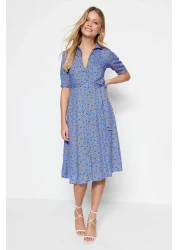  Collection Blue Floral Pattern Belted Midi Woven Viscose Shirt Dress TWOSS20EL1559