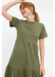  Collection Khaki Gathered Short Sleeve Knitted Maxi T-Shirt Dress Twoss24El00132