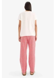 Defacto طقم بيجامة بأكمام قصيرة، علوي مرن، مربعات، قاع طويل، Fall In Love E4822ax25sp