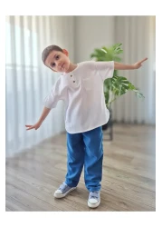 BALKABAĞI Blue - White Oversize Muslin Shirt & Pants Set TYE0032