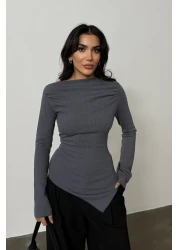 Bipantolon Burgundy Anthracite 2-Piece Blouse - Draped, Boat Neck, Asymmetrical Lycra Knitted Blouse