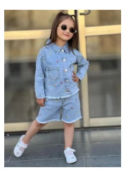 yns coolstar New Season Summer Lycra - Cotton Flower Embroidered Denim Shorts and Jacket 2-Piece Set