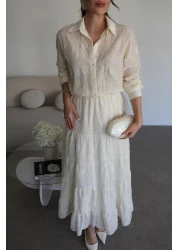 Julidress فستان طويل مميز مطرز باللون الكريمي مع خصر مطاطي