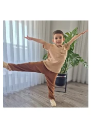 BALKABAĞI طقم قميص وبنطلون موسلين بني مرير - 2-8 سنوات MTYE0059