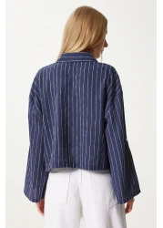 Happiness İstanbul Navy Blue Thin Striped Women's Crop Linen Shirt - Dm00140