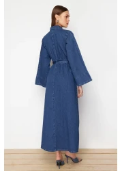  Collection Dark Blue Belted Maxi Modest Denim Shirt Dress Twoss24El00923