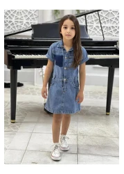 yns coolstar New Season Girl's Pocket Front Button Short Sleeve Cotton Denim Jeans Dress
