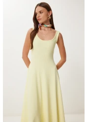 Happiness İstanbul Women's Yellow Strap Summer Ribbed Knitted Midi Dress Dz00130